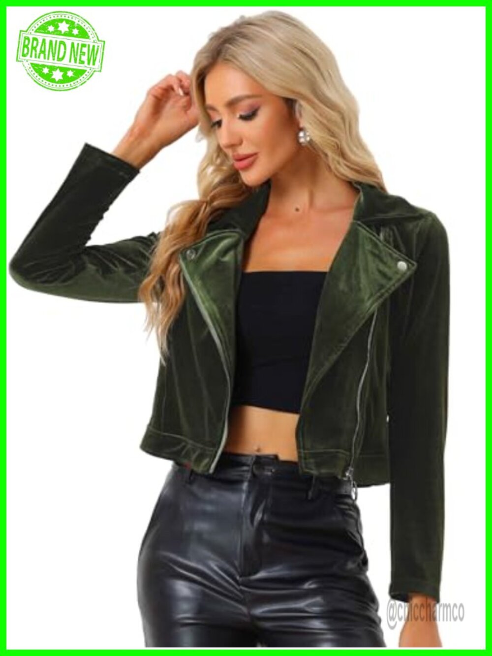 Velvet Moto Jacket Cropped Zip Up Coat Women's Casual Jacket